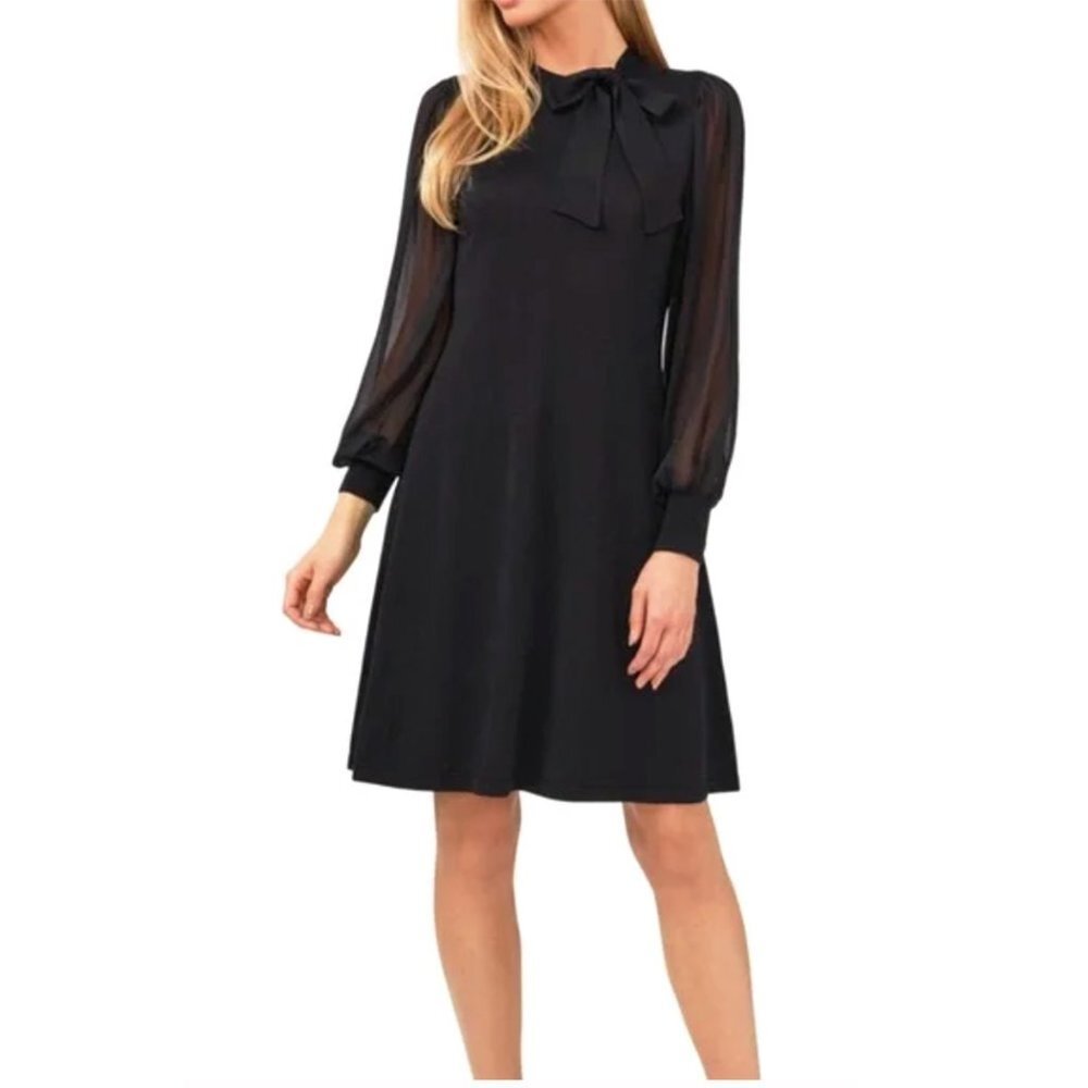 CeCe Tie Neck Long Sleeve Cotton Sweater Dress | Casual Classic Black Style